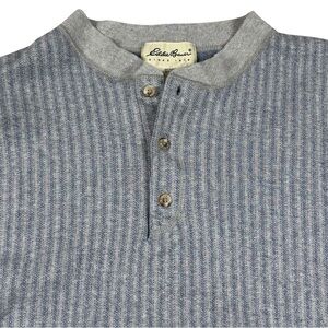 Vintage Eddie Bauer Henley Striped long sleeve shirt Blue Grey Men’s Size Small